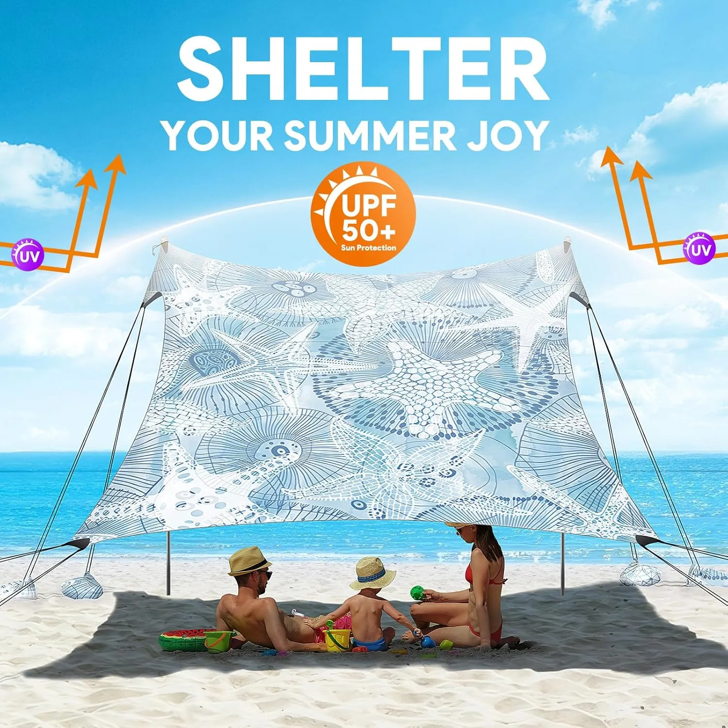 Beach Tent Sun Shelter, 10 x 10 FT Beach Canopy Tent Sun Shade, UPF50  Beach Tent Canopy with 8 Sandbags & 4 Stability Poles, Outdoor Beach Tent for Beach Camping Fishing, Starfish