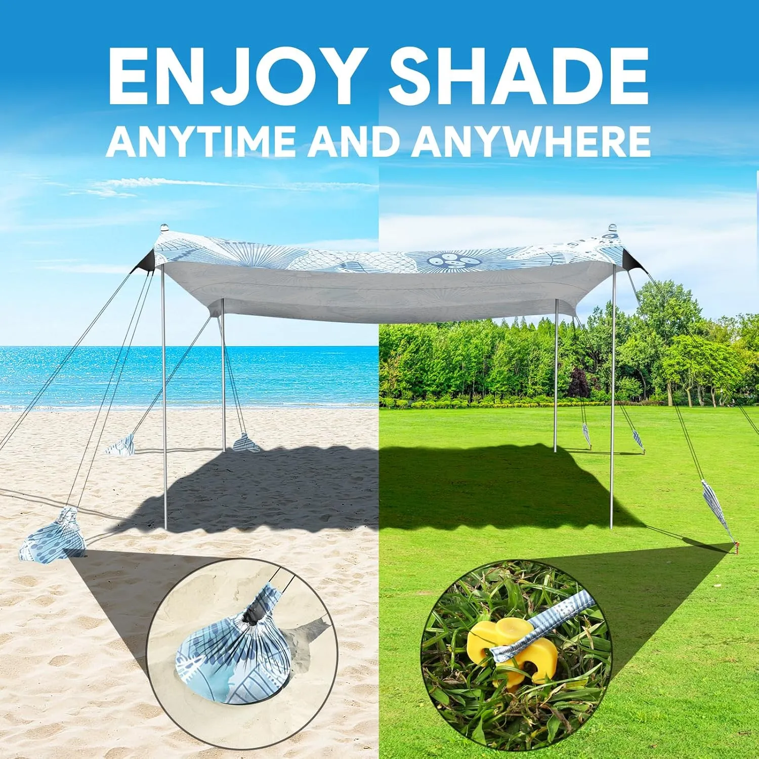 Beach Tent Sun Shelter, 10 x 10 FT Beach Canopy Tent Sun Shade, UPF50  Beach Tent Canopy with 8 Sandbags & 4 Stability Poles, Outdoor Beach Tent for Beach Camping Fishing, Starfish