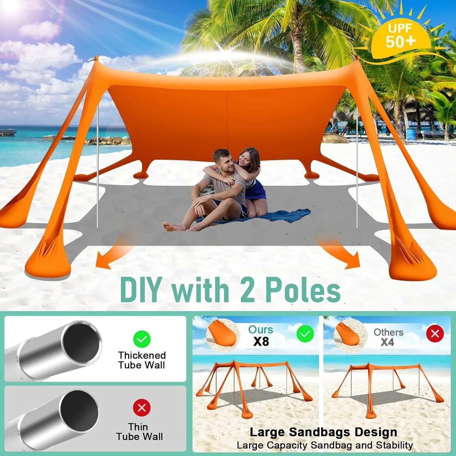 Beach Tent Sun Shelter Beach Canopy Tent Sun Shade Pop Up 10x10 UPF50  with 8 Sandbags-2 Sand Shovel-Portable 4 Aluminum Poles-Ground Pegs-Easy Setup for Outdoor Family Camping Fishing Picnic