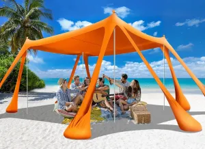 Beach Tent Sun Shelter Beach Canopy Tent Sun Shade Pop Up 10x10 UPF50  with 8 Sandbags-2 Sand Shovel-Portable 4 Aluminum Poles-Ground Pegs-Easy Setup for Outdoor Family Camping Fishing Picnic