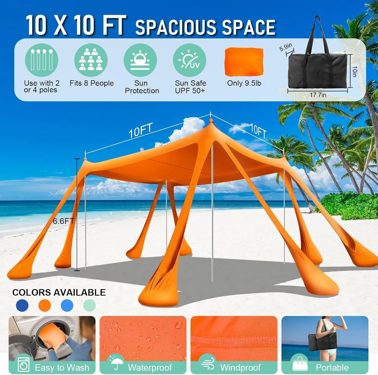 Beach Tent Sun Shelter Beach Canopy Tent Sun Shade Pop Up 10x10 UPF50  with 8 Sandbags-2 Sand Shovel-Portable 4 Aluminum Poles-Ground Pegs-Easy Setup for Outdoor Family Camping Fishing Picnic