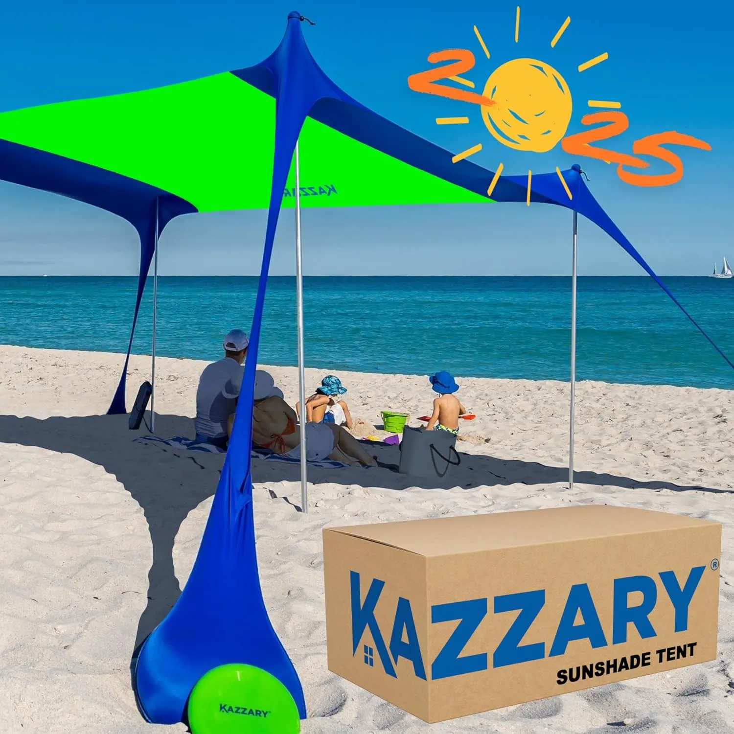 Beach Tent UPF50  Sun Shade Canopy with Sandbags, 4 Stability Poles, Ground Pegs, Flying Disc Sand Shovel, Lightweight Sunshade Shelter, 7ft Tall for Outdoor Trips, Camping and Sports