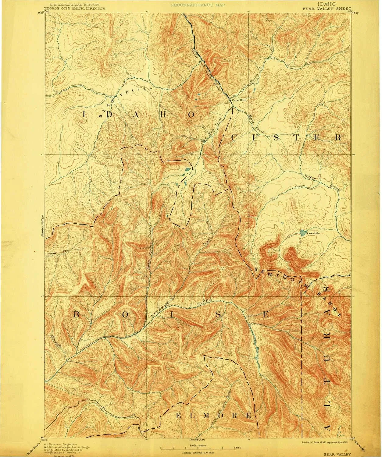 Bear Valley ID topo map, 1:125000 Scale, 30 X 30 Minute, Historical, 1893, Updated 1910, 18.8 x 15.7 in