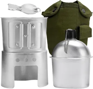 BeGrit Military Canteen Army Canteen WWII US G.I. Style Canteen Kit with Aluminum Cup Stove Stainless Steel Spoon Fork for Hiking Backpacking Camping