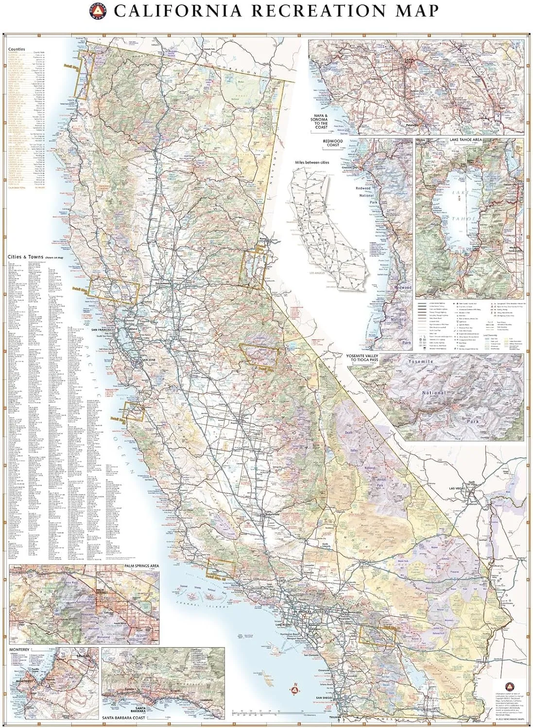 Benchmark Maps: California Recreation Wall Map - 26 x 34 inches - Art Quality Print on Polypropylene