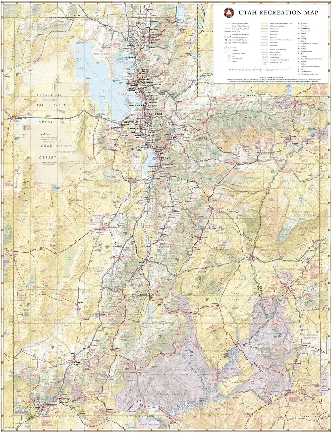 Benchmark Maps: Utah Recreation Wall Map - 26 x 33 inches - Art Quality Print on Polypropylene