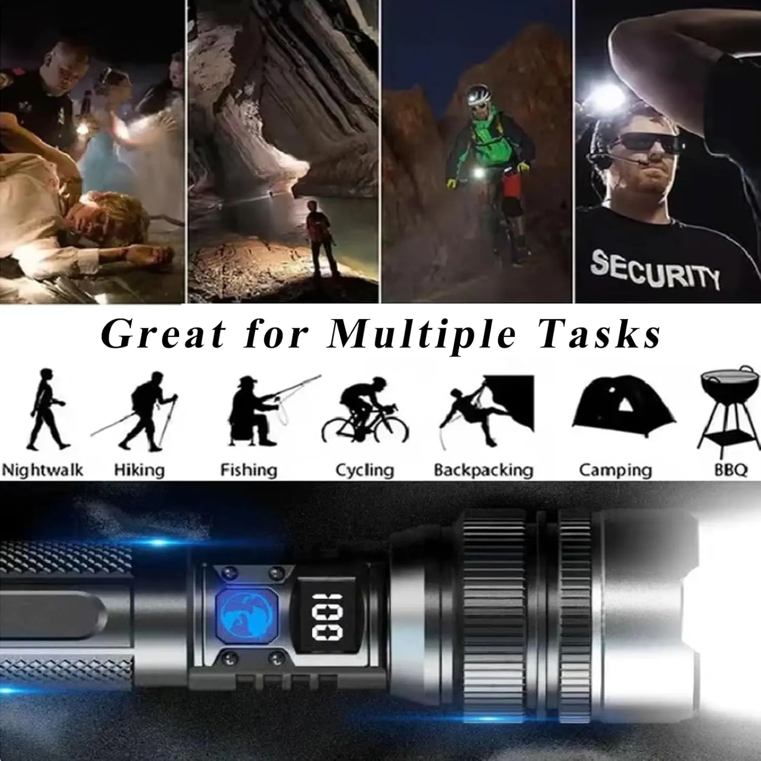 Benighty Flash Light, 2025 The Ultimate Survival Flashlight with Digital Display, Rechargeable Benighty Survival Flashlight Zoomable High Lumens Waterproof Handheld for Emergencies & Camping (1PCS)