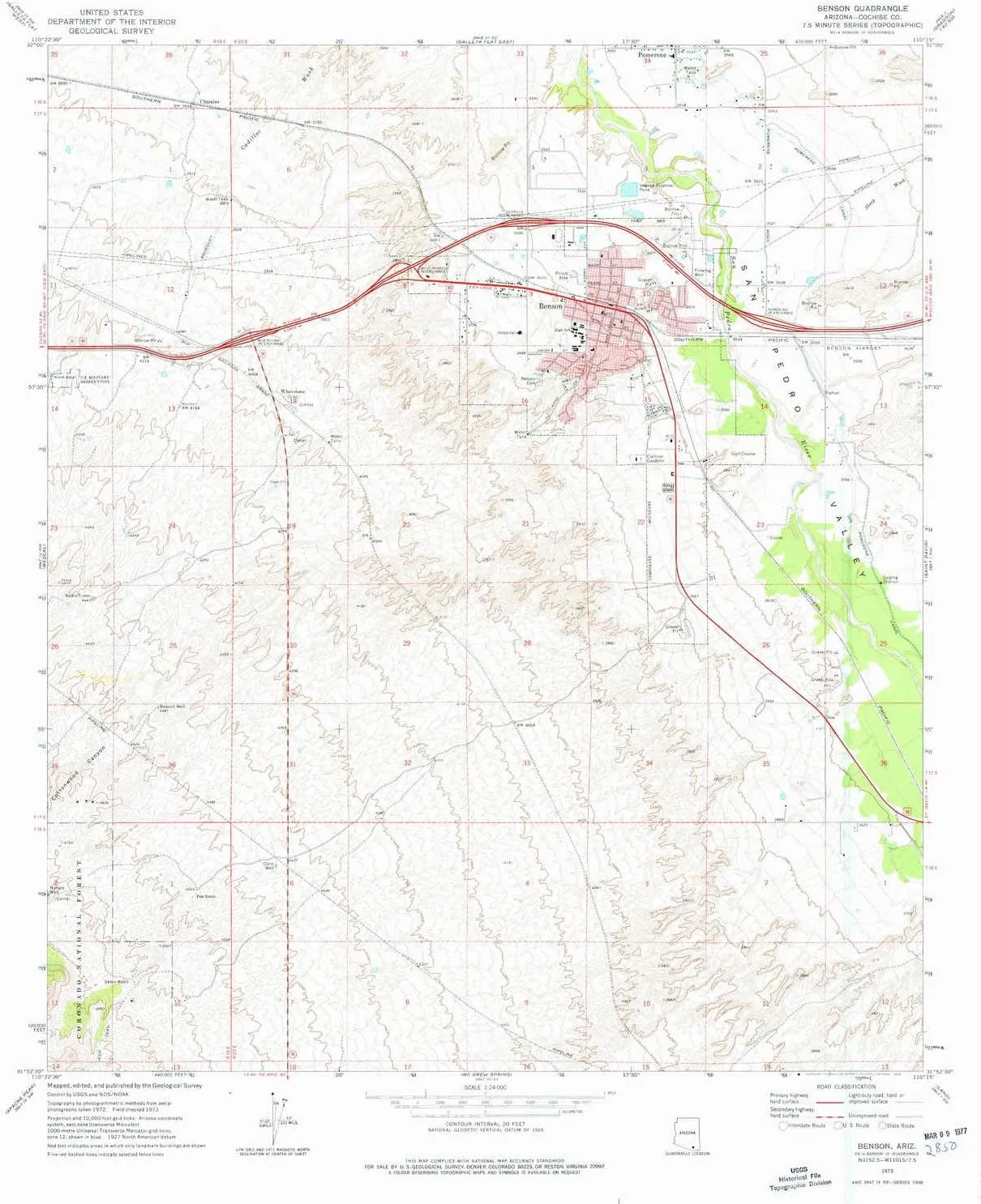 Benson AZ topo map, 1:24000 Scale, 7.5 X 7.5 Minute, Historical, 1973, Updated 1976, 26.9 x 22 in