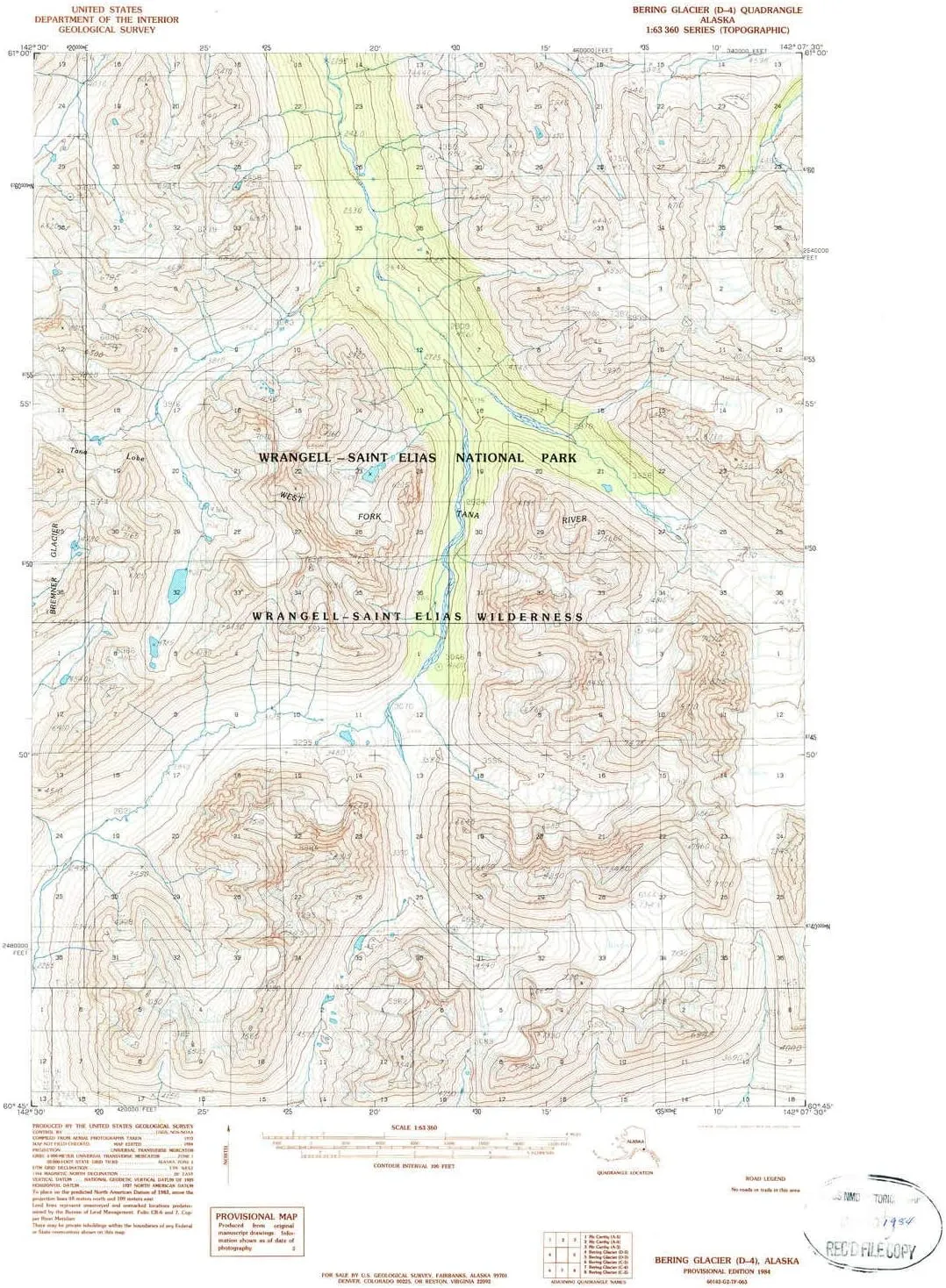 Bering Glacier D 4 AK topo map, 1:63360 Scale, 15 X 15 Minute, Historical, 1984, Updated 1984, 21.6 x 18 in