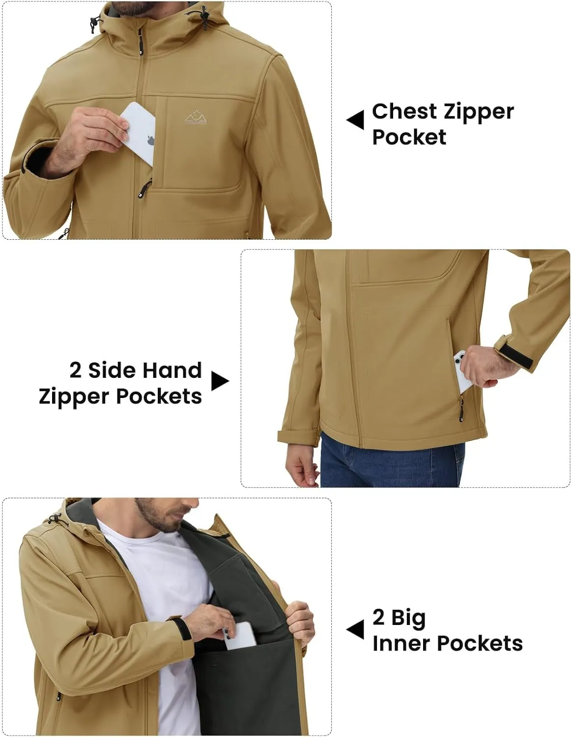 BGOWATU Men's Softshell Jacket Fall Winter Warm Fleece Lined Hooded Jacket Lightweight Windbreaker Casual Coats with Pockets