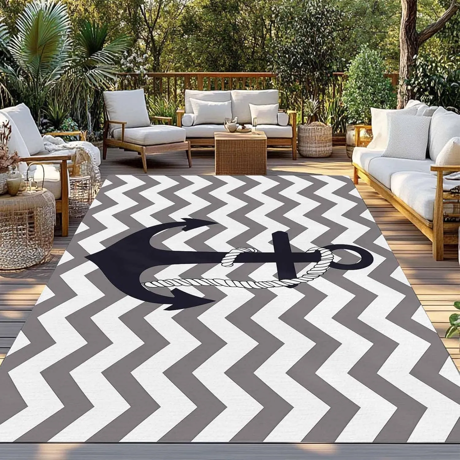 Black Anchor Outdoor Rug 5x8ft Large Patio Rug,Washable RV Camping Outside Area Runner Rug Mat,Grey Geometric Stripe Coastal Nautical Carpet for Picnic Backyard Deck Porch Balcony Beach & Indoor