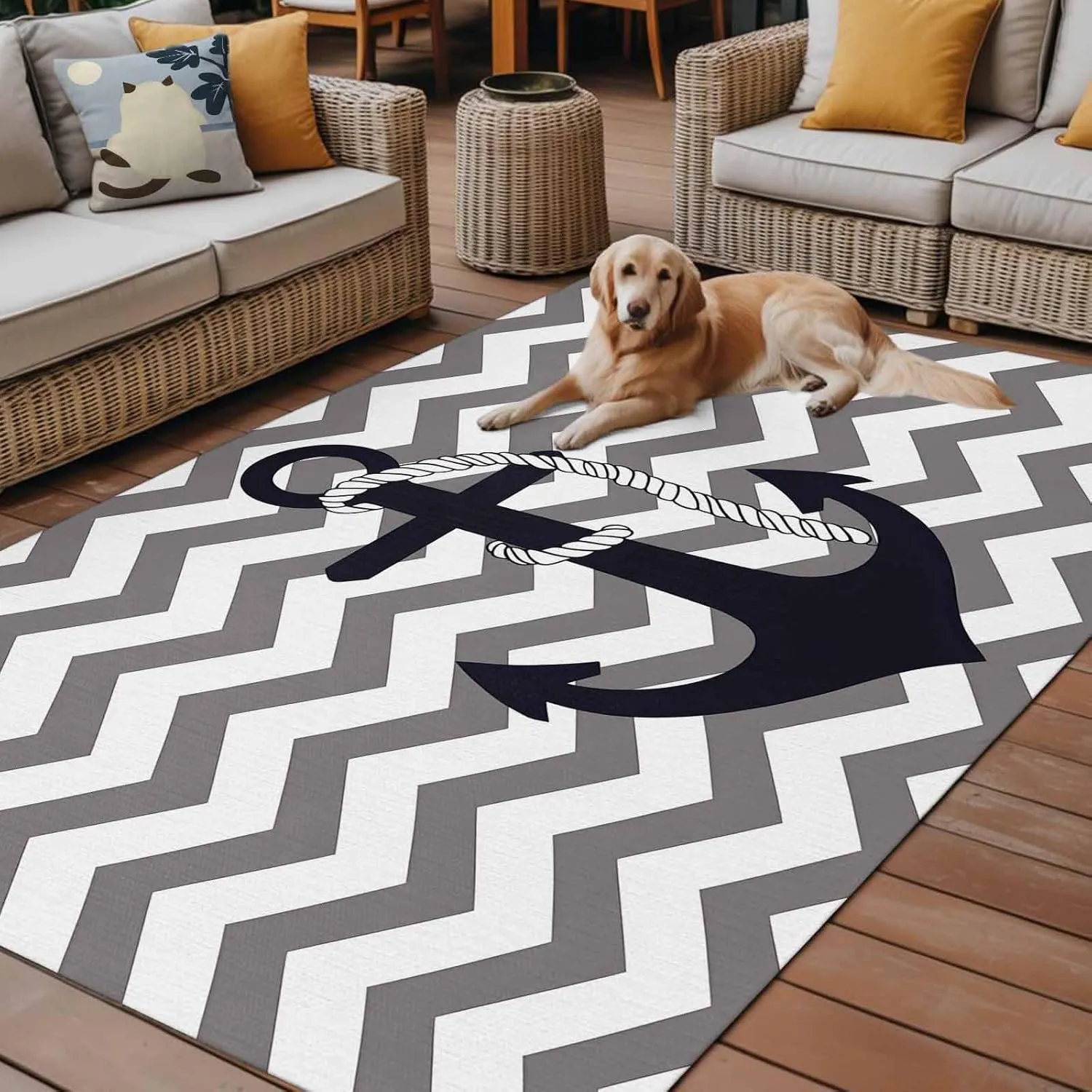 Black Anchor Outdoor Rug 5x8ft Large Patio Rug,Washable RV Camping Outside Area Runner Rug Mat,Grey Geometric Stripe Coastal Nautical Carpet for Picnic Backyard Deck Porch Balcony Beach & Indoor