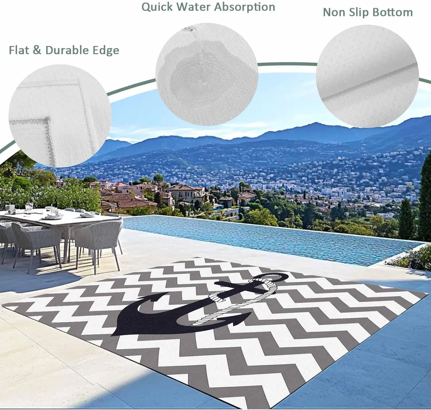 Black Anchor Outdoor Rug 5x8ft Large Patio Rug,Washable RV Camping Outside Area Runner Rug Mat,Grey Geometric Stripe Coastal Nautical Carpet for Picnic Backyard Deck Porch Balcony Beach & Indoor