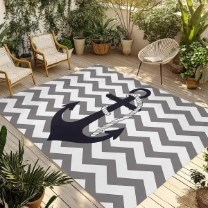 Black Anchor Outdoor Rug 5x8ft Large Patio Rug,Washable RV Camping Outside Area Runner Rug Mat,Grey Geometric Stripe Coastal Nautical Carpet for Picnic Backyard Deck Porch Balcony Beach & Indoor
