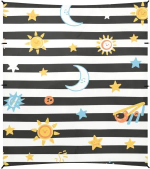 Black White Stripes Sun Moon Star Beach Cabana Tent UPF50  Easy Setup Outdoor Sun Shade with Sandbags & Sand Shovel for Family Travel