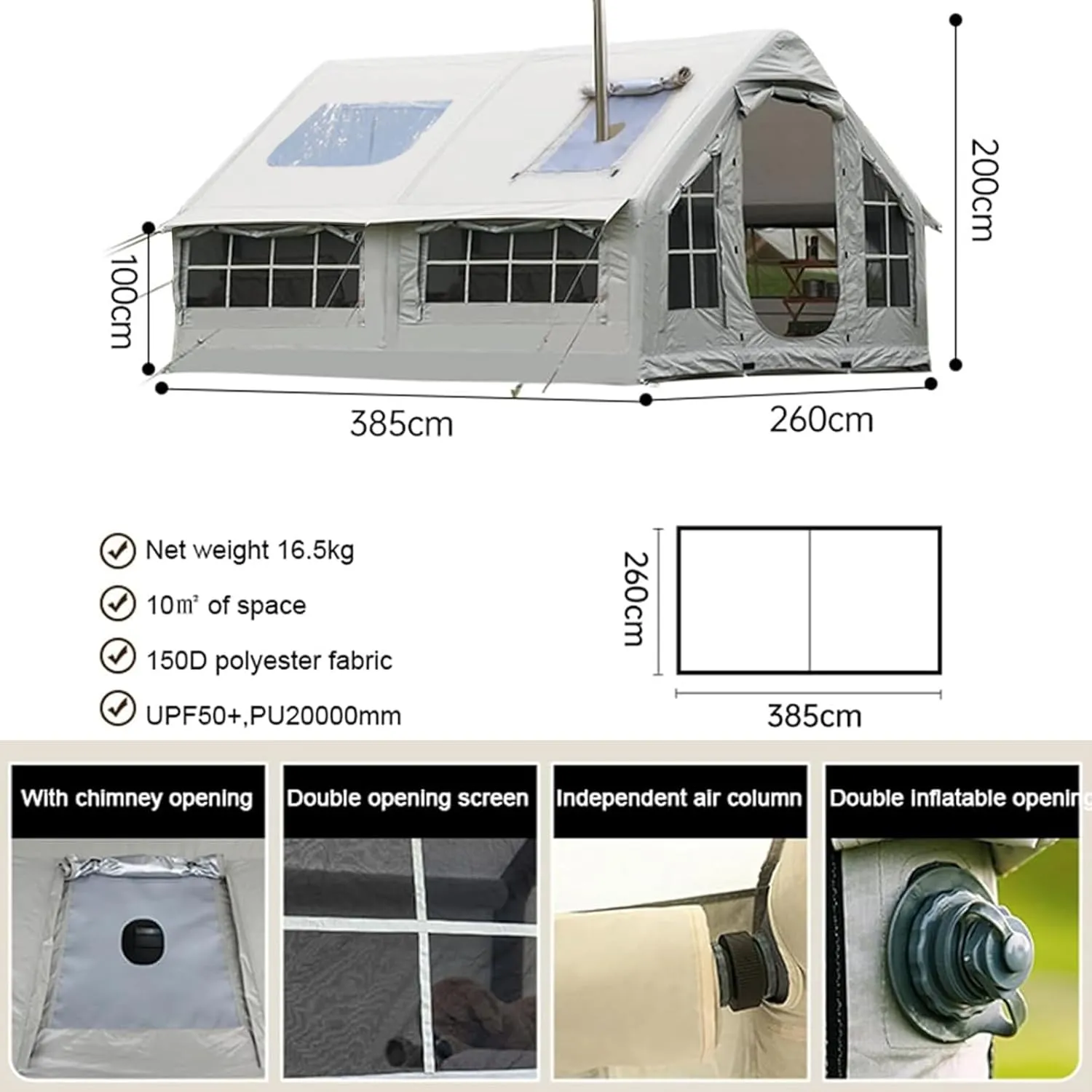 Blow Up Tents 6-8 Man Inflatable Camping Tent,10㎡ Large Glamping Tent with Stove Hole,Easy Setup Large Family Air Tents 4 Season 3000mm Waterproof Pop-Up Pump Up House,Quick to Set Up