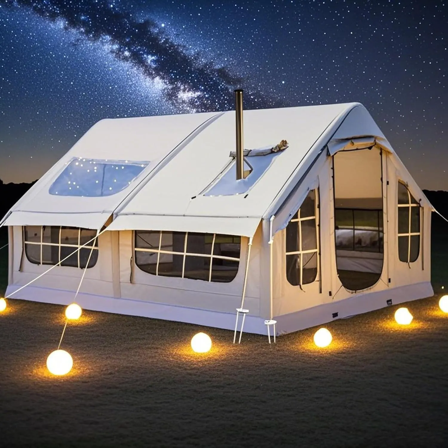 Blow Up Tents 6-8 Man Inflatable Camping Tent,10㎡ Large Glamping Tent with Stove Hole,Easy Setup Large Family Air Tents 4 Season 3000mm Waterproof Pop-Up Pump Up House,Quick to Set Up