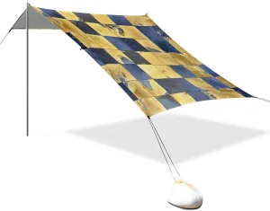 Blue and Gold Checkered Pattern Designed UPF50 Beach Tent Water-Resistant Sun Shade with Sandbags, Sand Shovel, Poles for Backyard, Grassland, Park carpa para el sol
