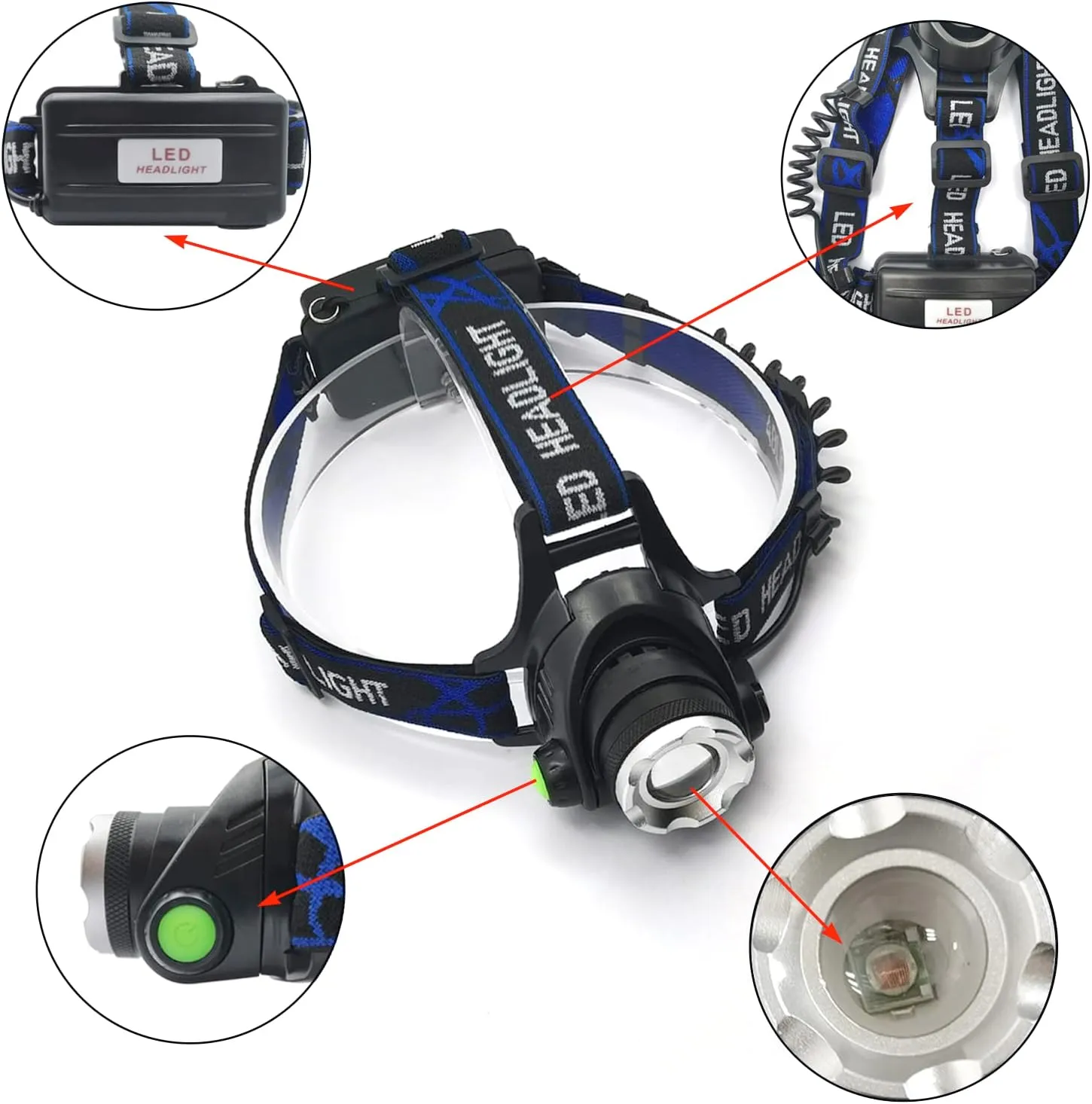 Blue Light Headlamp 3 Modes Zoomable Blue Headlamp for Hunting Fishing