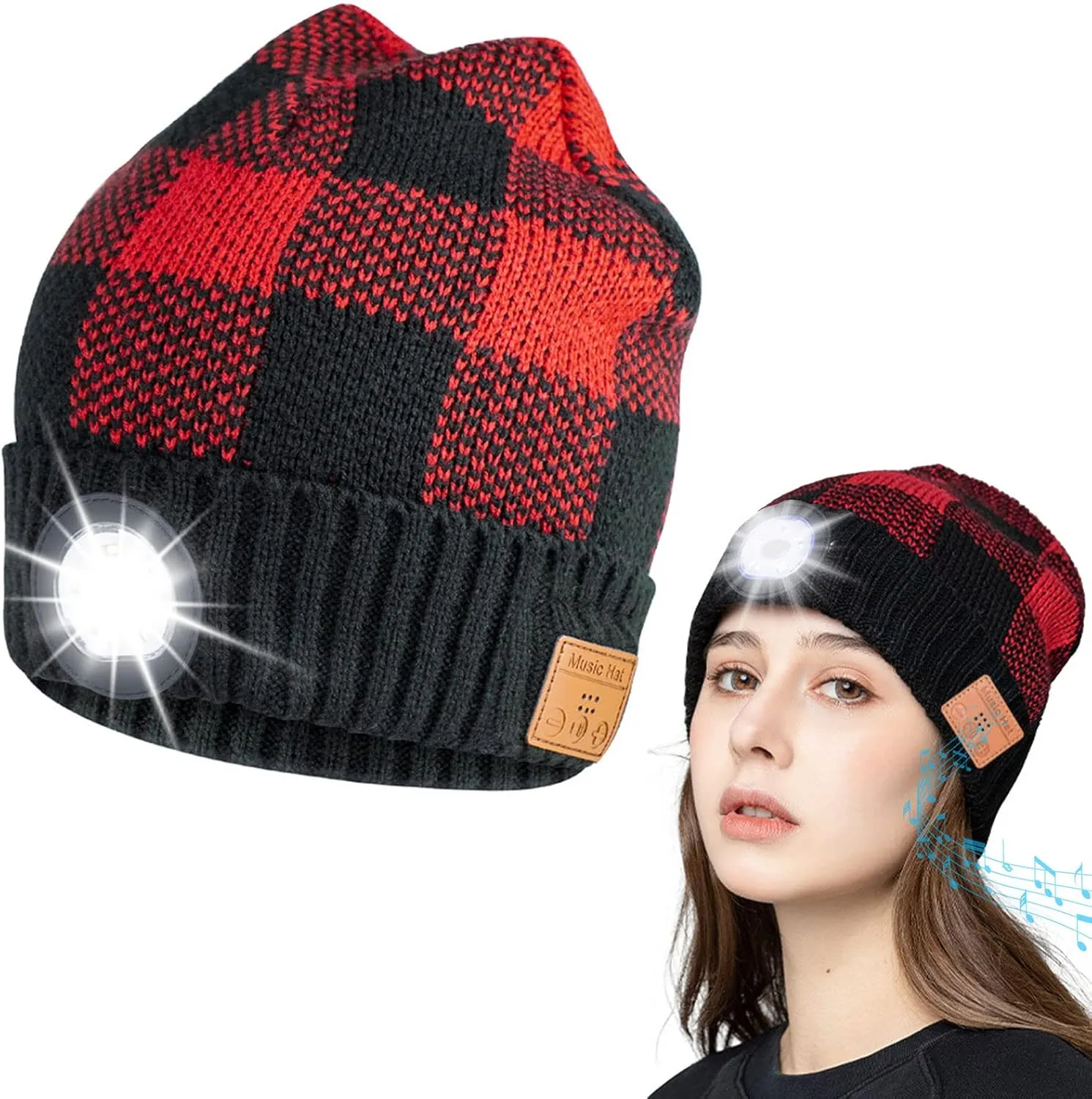 Bluetooth Beanie Hat with Light,Unisex Rechargeable headlamp hat with Wireless Bluetooth Headphones,Winter Camping headlamp Cap Christmas Birthday Gifts for Men/Womens Black Red