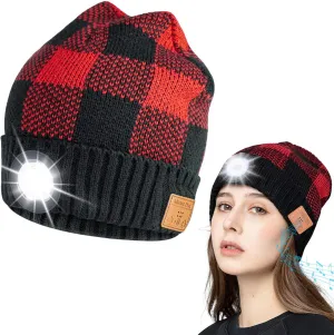Bluetooth Beanie Hat with Light,Unisex Rechargeable headlamp hat with Wireless Bluetooth Headphones,Winter Camping headlamp Cap Christmas Birthday Gifts for Men/Womens Black Red
