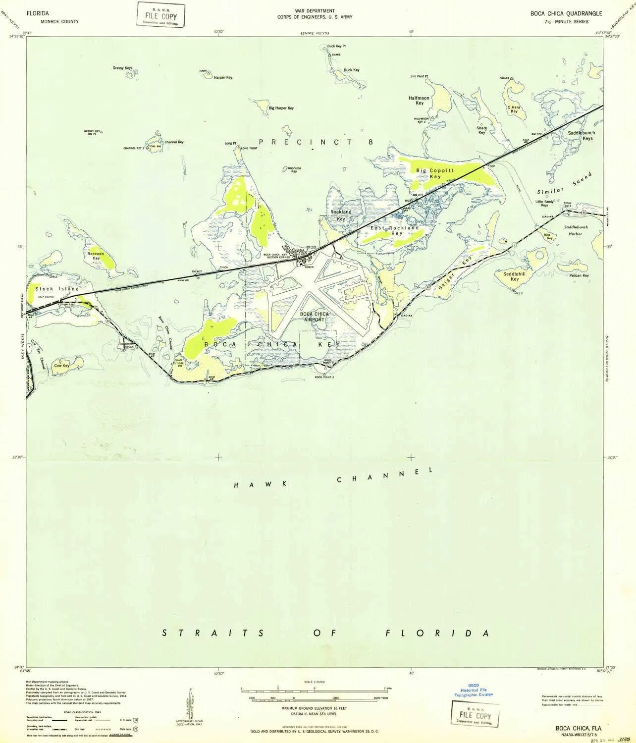 Boca Chica FL topo map, 1:24000 Scale, 7.5 X 7.5 Minute, Historical, 1943, 26.7 x 22.9 in