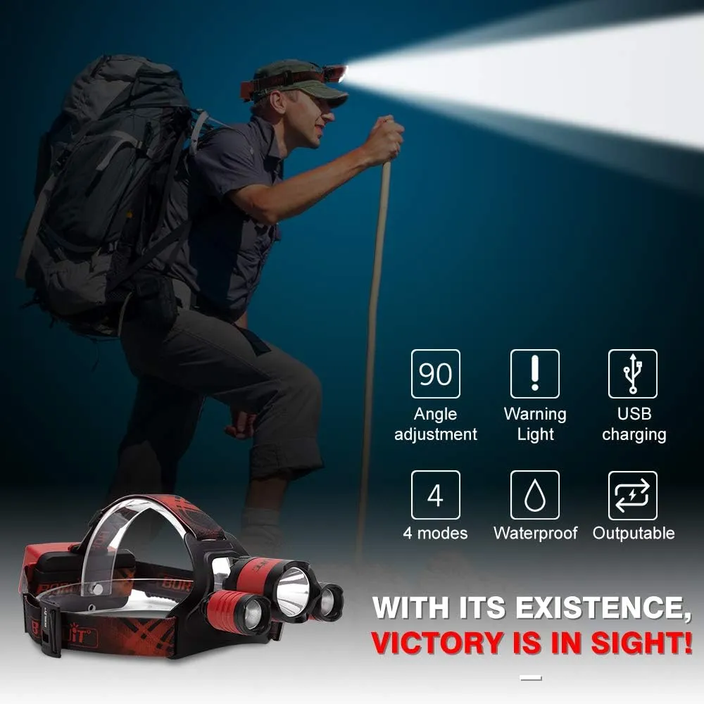 BORUIT B21 Headlamp Rechargeable, LED Super Bright Head Lights for Forehead, Battery Powered, 4 Modes Head Lamp 90° Adjustable, IPX5 Waterproof