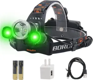BORUIT RJ-3000 LED Green Headlamp,3 Modes White and Green LED Hunting Headlight,Super Bright USB Rechargeable Tactical Head lamp for Fishing Running Camping Hiking