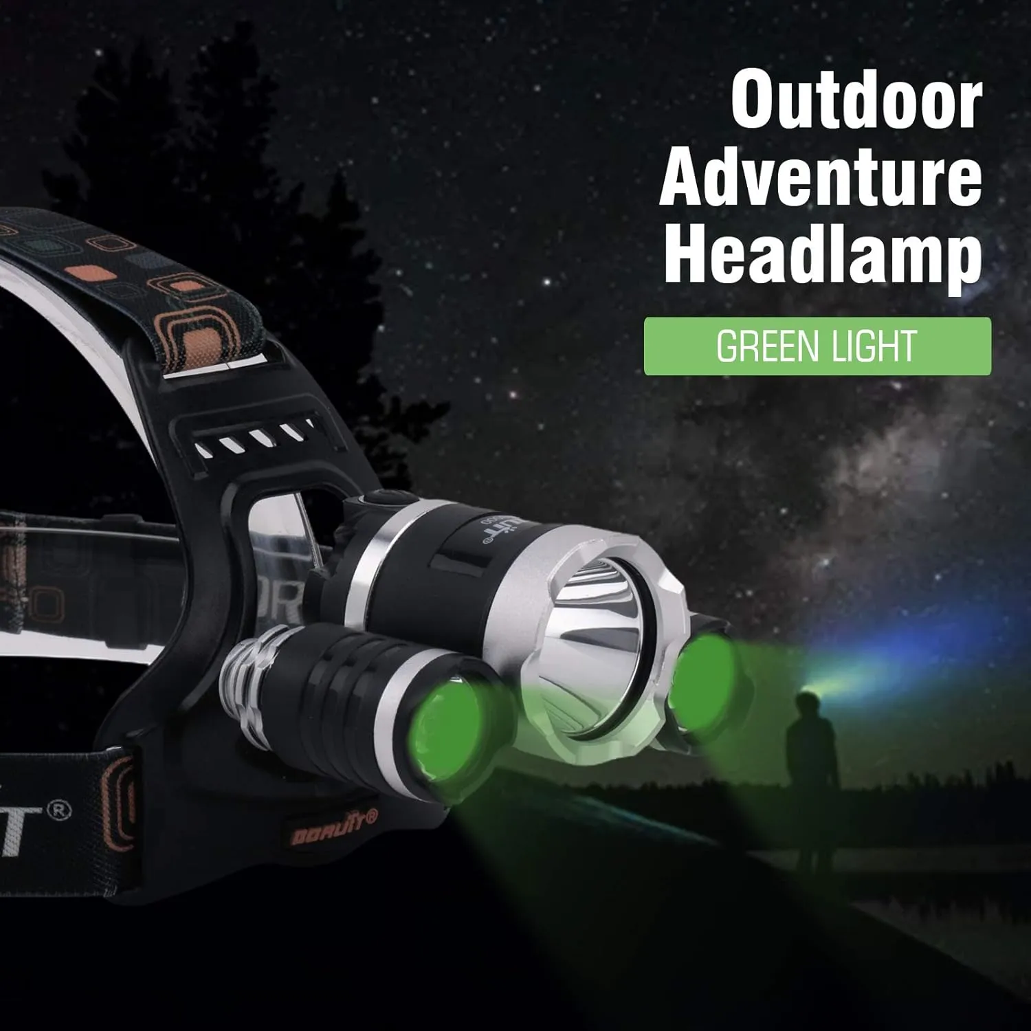 BORUIT RJ-3000 LED Green Headlamp,3 Modes White and Green LED Hunting Headlight,Super Bright USB Rechargeable Tactical Head lamp for Fishing Running Camping Hiking