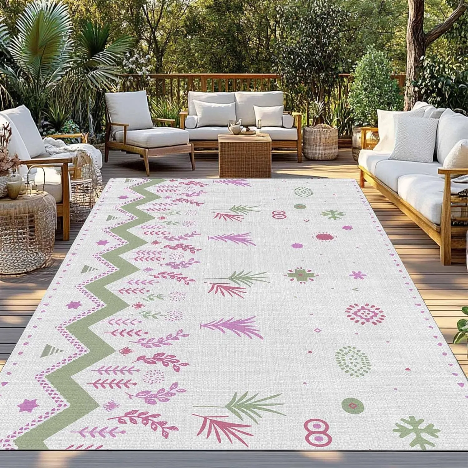 Botanical Boho Outdoor Rug 6x9ft Large Patio Rug,Washable RV Camping Outside Area Runner Rug Mat,Geometric Floral Southwestern Stripe Aztec Grey Carpet for Picnic Backyard Deck Porch Balcony Beach