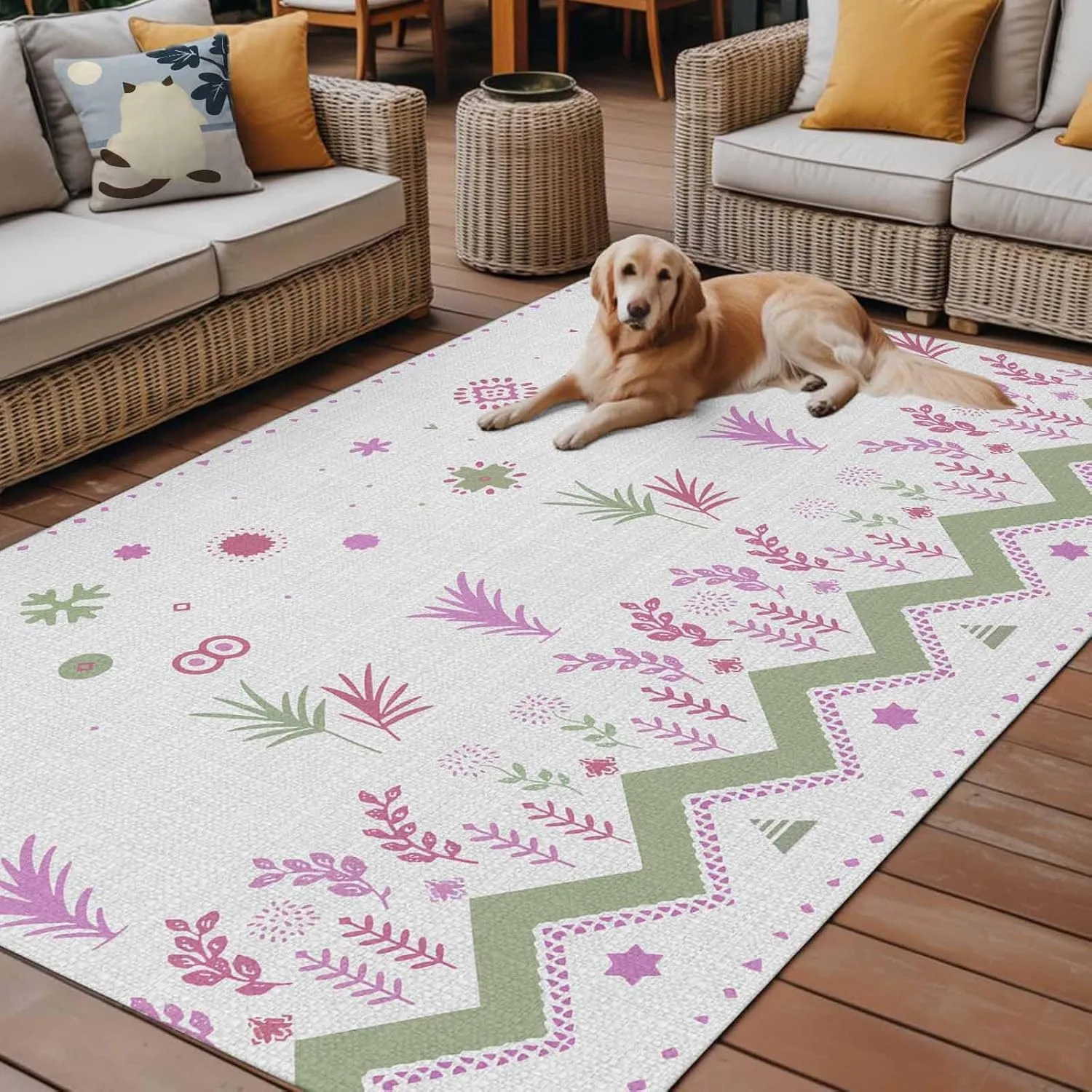Botanical Boho Outdoor Rug 6x9ft Large Patio Rug,Washable RV Camping Outside Area Runner Rug Mat,Geometric Floral Southwestern Stripe Aztec Grey Carpet for Picnic Backyard Deck Porch Balcony Beach