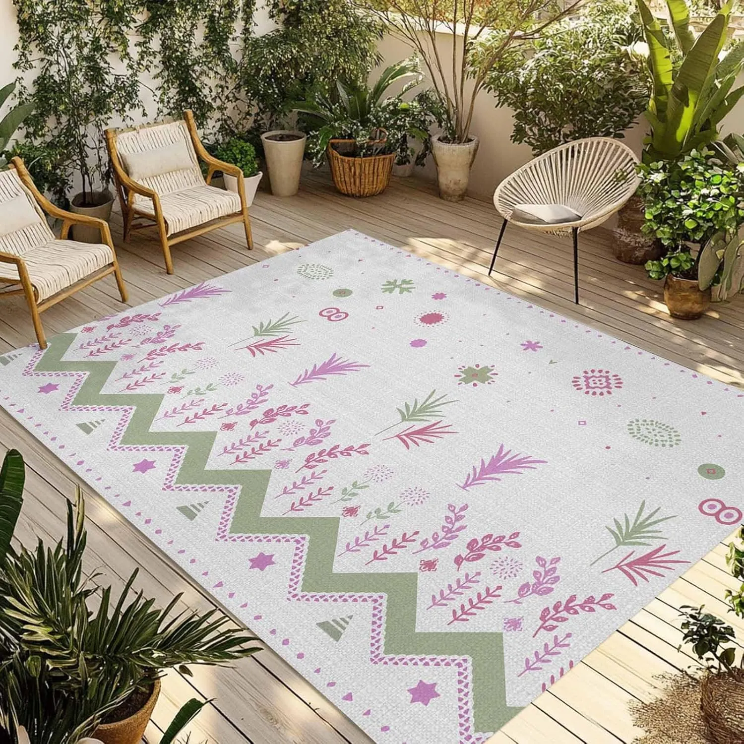 Botanical Boho Outdoor Rug 6x9ft Large Patio Rug,Washable RV Camping Outside Area Runner Rug Mat,Geometric Floral Southwestern Stripe Aztec Grey Carpet for Picnic Backyard Deck Porch Balcony Beach