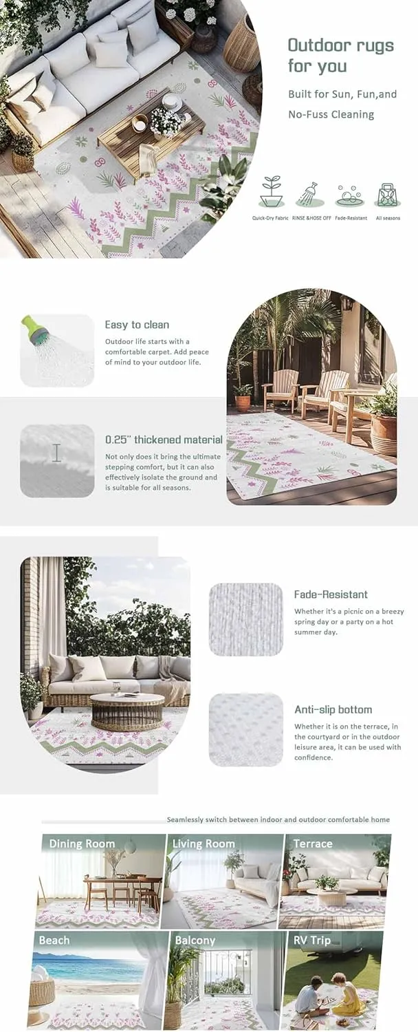 Botanical Boho Outdoor Rug 6x9ft Large Patio Rug,Washable RV Camping Outside Area Runner Rug Mat,Geometric Floral Southwestern Stripe Aztec Grey Carpet for Picnic Backyard Deck Porch Balcony Beach