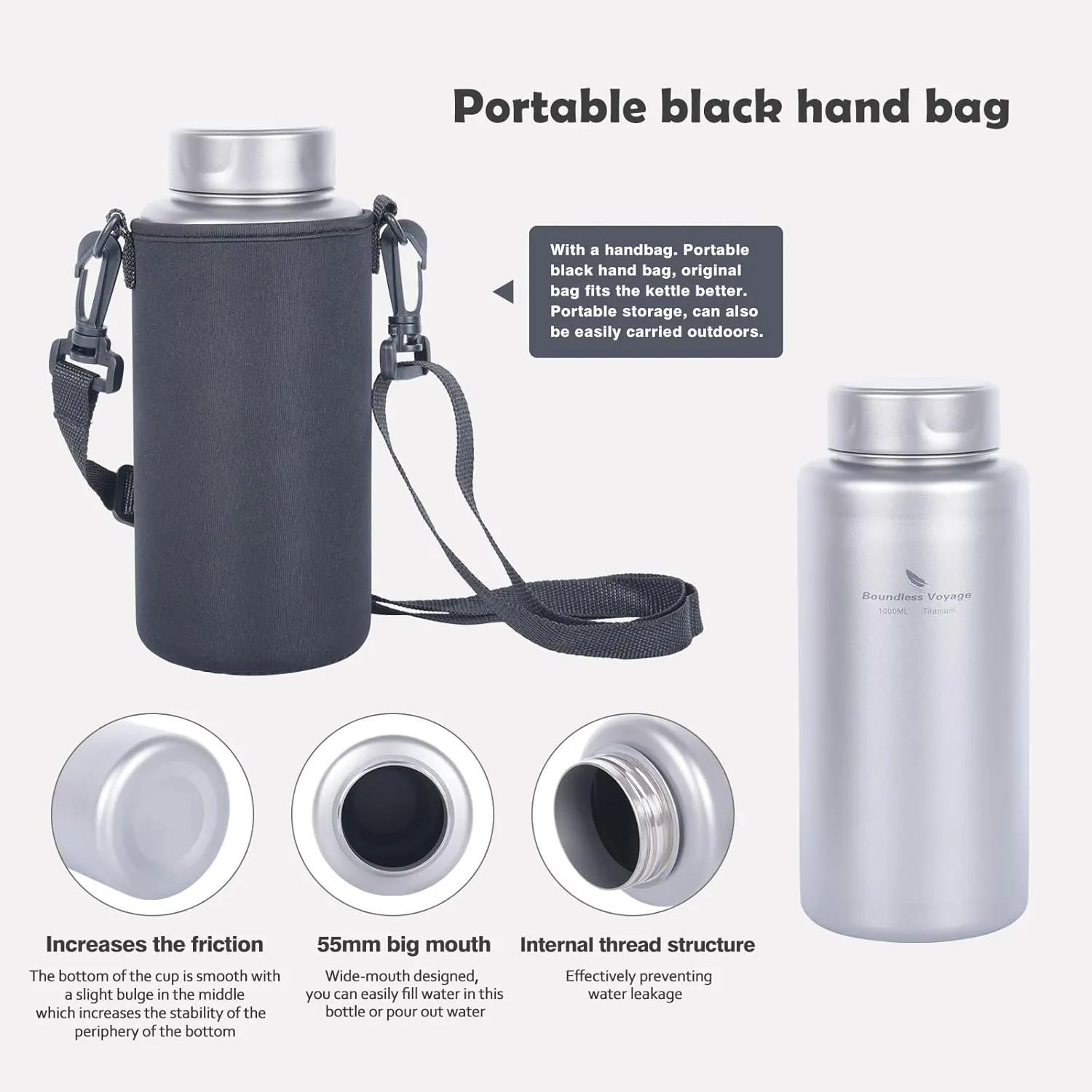 Boundless Voyage Titanium Bottle 1L Single-layer Sports Water Bottle 750ml Pot Cup Ultralight Leakproof Drinkware for Outdoor Camping Hiking (1L bottle/750ml cup)