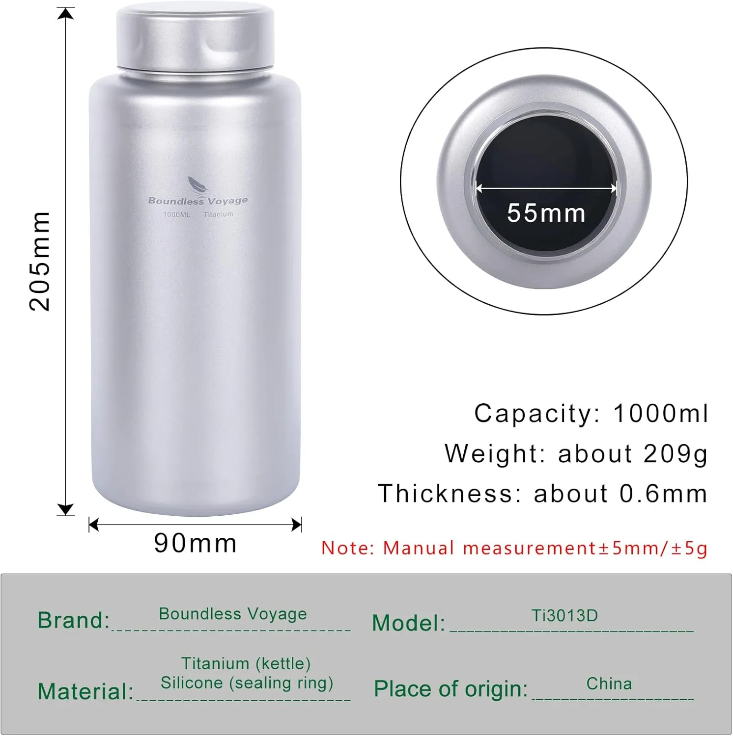 Boundless Voyage Titanium Bottle 1L Single-layer Sports Water Bottle 750ml Pot Cup Ultralight Leakproof Drinkware for Outdoor Camping Hiking (1L bottle/750ml cup)