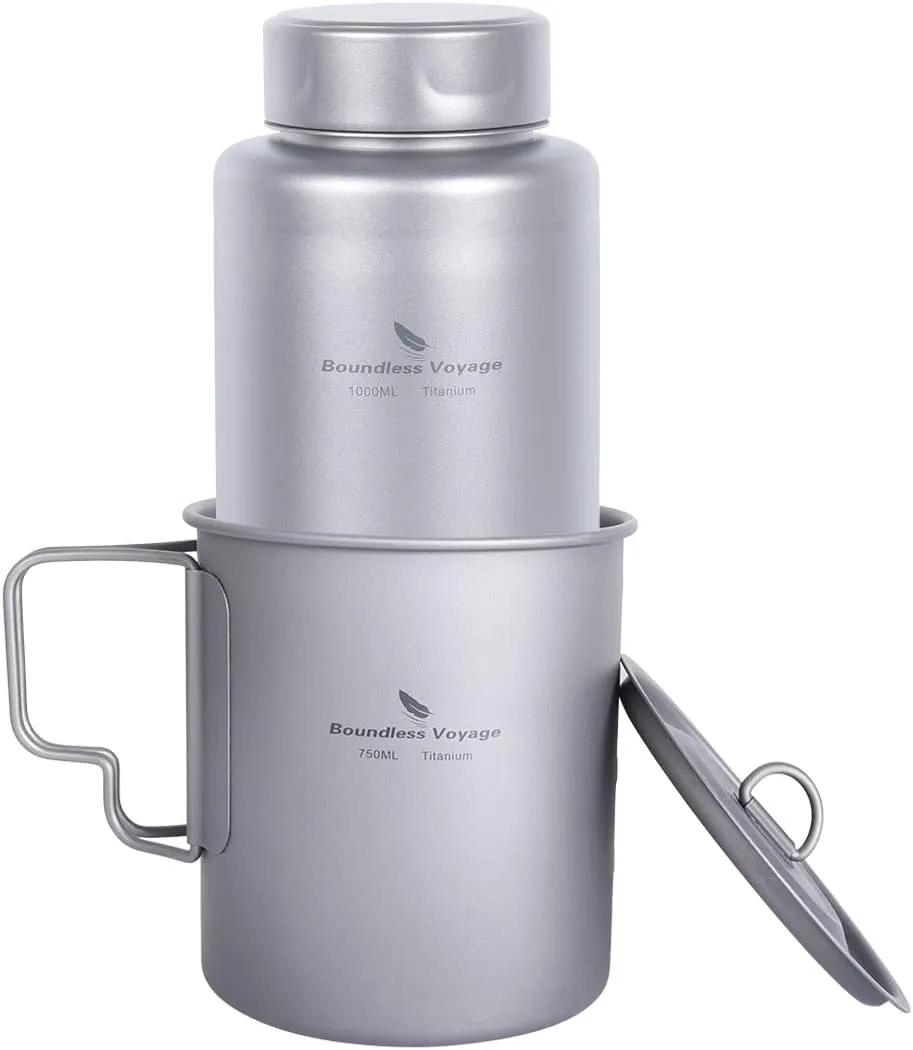Boundless Voyage Titanium Bottle 1L Single-layer Sports Water Bottle 750ml Pot Cup Ultralight Leakproof Drinkware for Outdoor Camping Hiking (1L bottle/750ml cup)