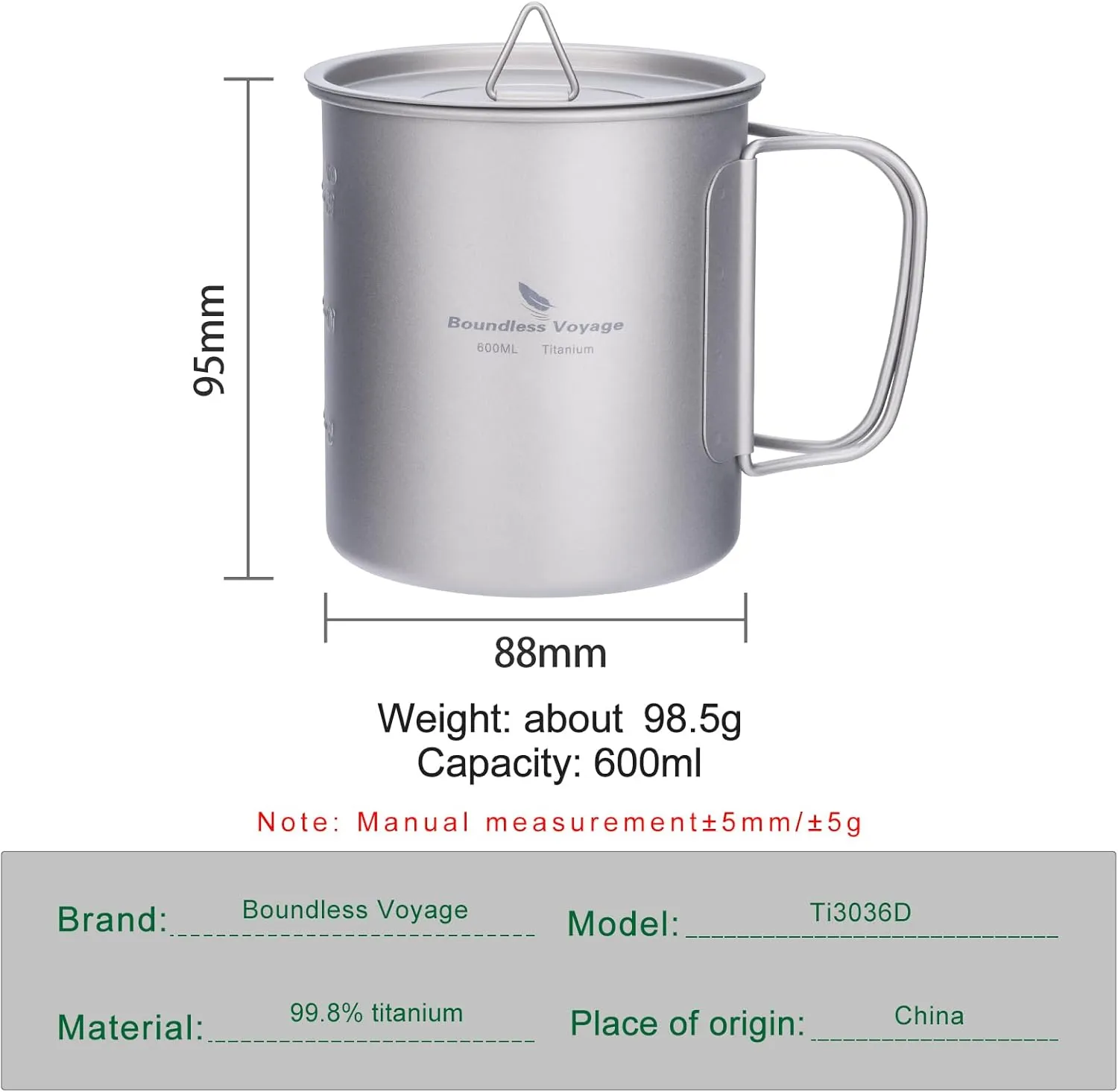Boundless Voyage Titanium Single Walled Mug Outdoor Camping Cup Lightweight Travel Cups Backpacking Camping Tableware Reusable Cup for Traveling Picnic (Ti3036D-600ml)