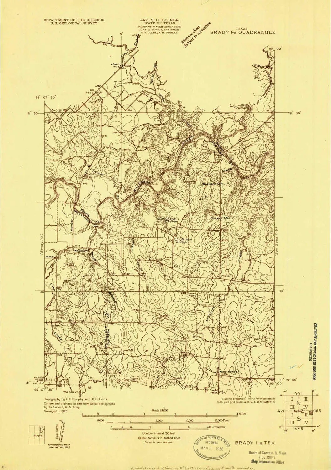 Brady 1 a TX topo map, 1:48000 Scale, 7.5 X 7.5 Minute, Historical, 1925, 19.9 x 14 in