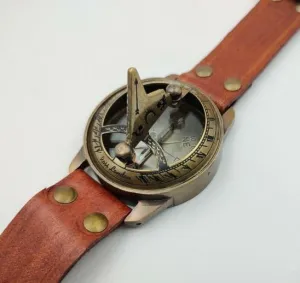 Brass Sundial Compass Wrist Watch Leather Nautical, Antique