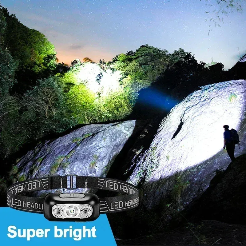 Bright LED Sensor Headlamp, USB Rechargeable, Portable, Outdoor Camping, Fishing, Emergency Lantern