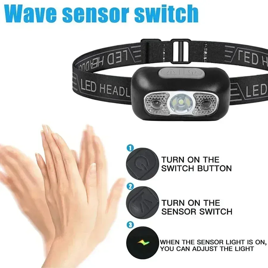 Bright LED Sensor Headlamp, USB Rechargeable, Portable, Outdoor Camping, Fishing, Emergency Lantern