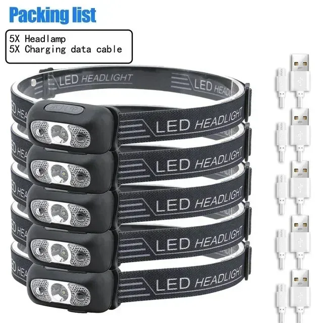 Bright LED Sensor Headlamp, USB Rechargeable, Portable, Outdoor Camping, Fishing, Emergency Lantern