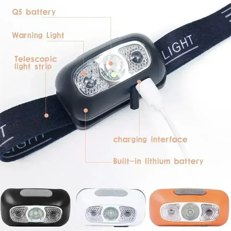 Bright LED Sensor Headlamp, USB Rechargeable, Portable, Outdoor Camping, Fishing, Emergency Lantern