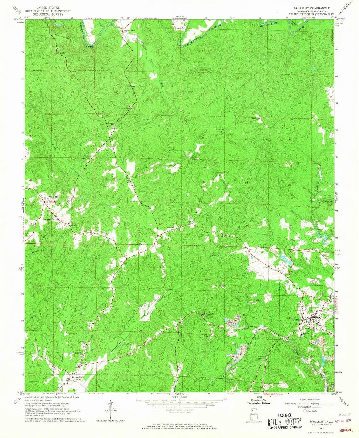 Brilliant AL topo map, 1:24000 Scale, 7.5 X 7.5 Minute, Historical, 1967, Updated 1968, 26.8 x 22 in