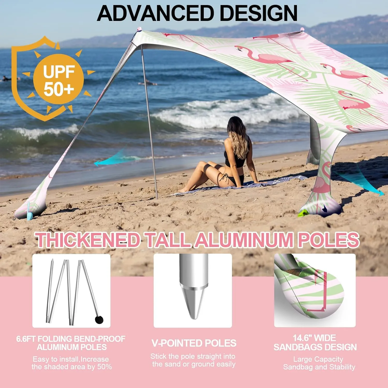 Buheco Beach Tent Pop Up Shade 7x7.5ft Beach Canopy Sun Shelter UPF50  with 4 Foldable Poles-Portable Carrying Bag-Sand Shovel-Ground Pegs-Windproof Ropes for Outdoor Family Camping-Fishing- Picnic