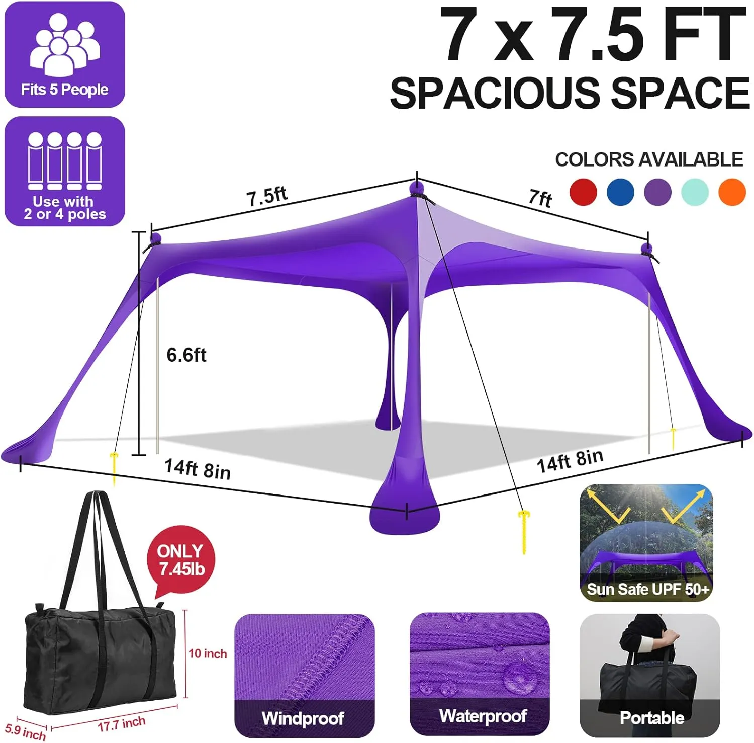 Buheco Beach Tent Pop Up Shade 7x7.5ft Beach Canopy Sun Shelter UPF50  with 4 Foldable Poles Portable Carrying Bag Sand Shovel Ground Pegs Windproof Ropes for Outdoor Family Camping Fishing Picnic