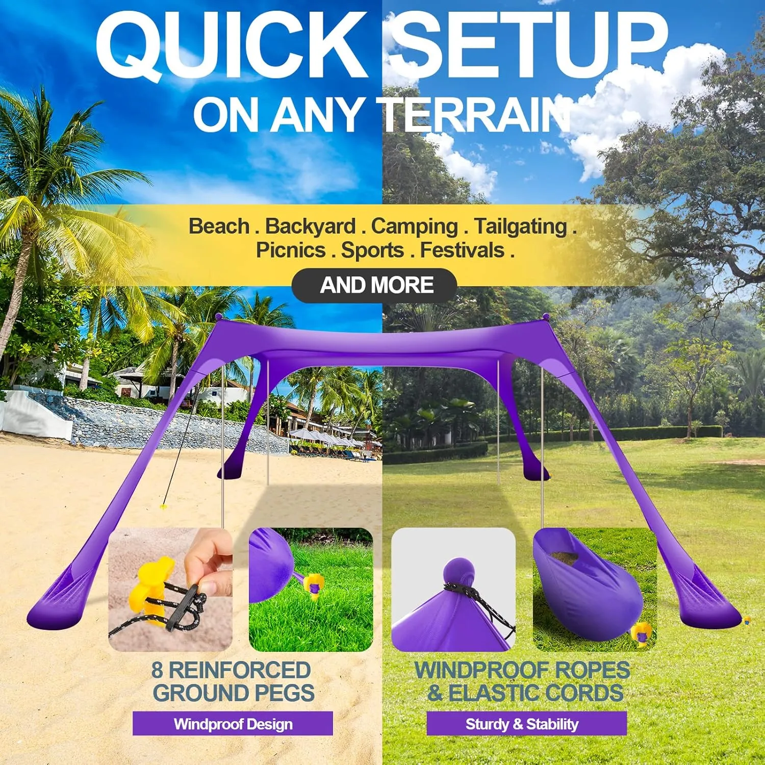 Buheco Beach Tent Pop Up Shade 7x7.5ft Beach Canopy Sun Shelter UPF50  with 4 Foldable Poles Portable Carrying Bag Sand Shovel Ground Pegs Windproof Ropes for Outdoor Family Camping Fishing Picnic