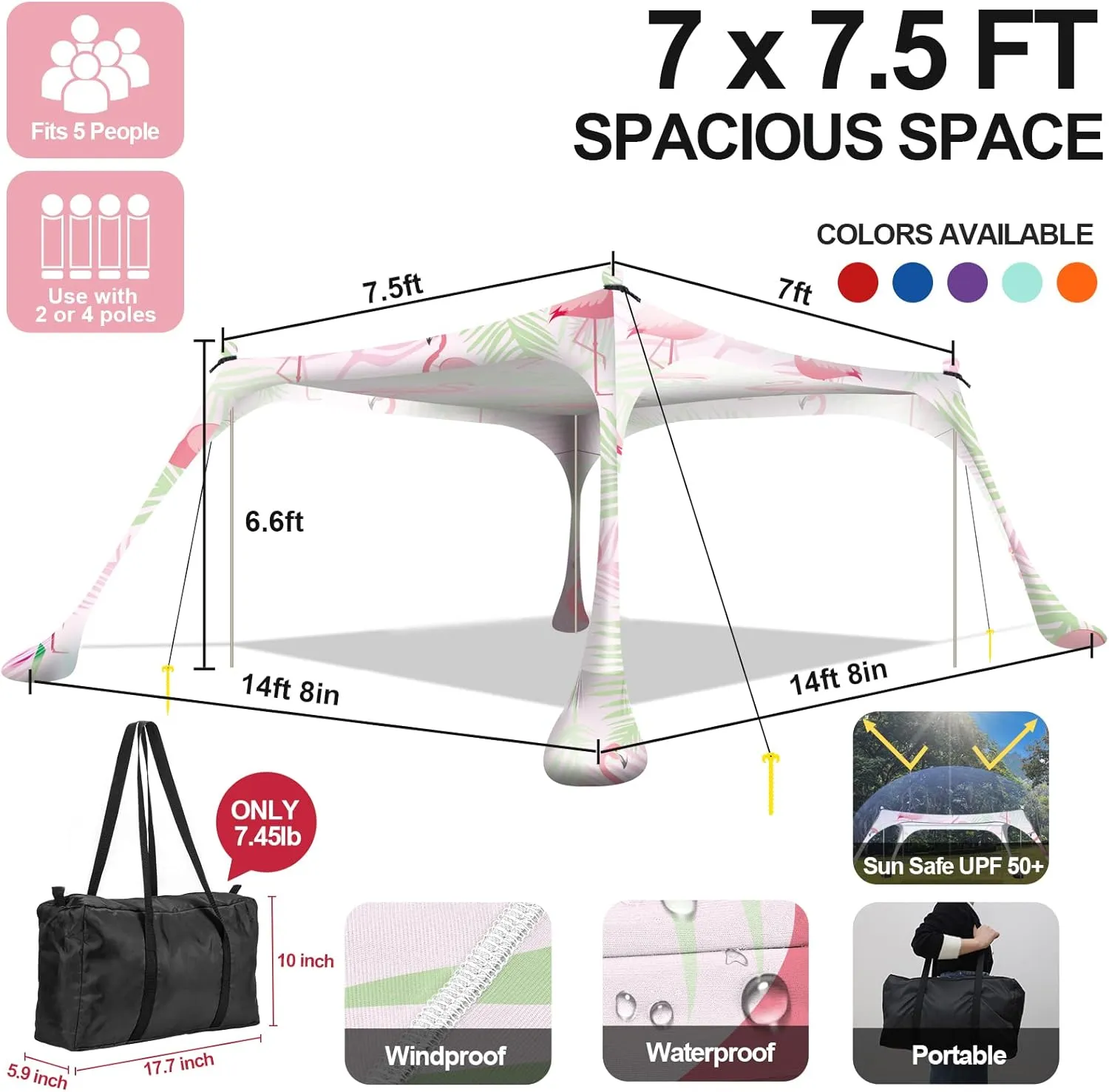 Buheco Beach Tent Pop Up Shade 7x7.5ft Beach Canopy Sun Shelter UPF50  with 4 Foldable Poles-Portable Carrying Bag-Sand Shovel-Ground Pegs-Windproof Ropes for Outdoor Family Camping-Fishing- Picnic