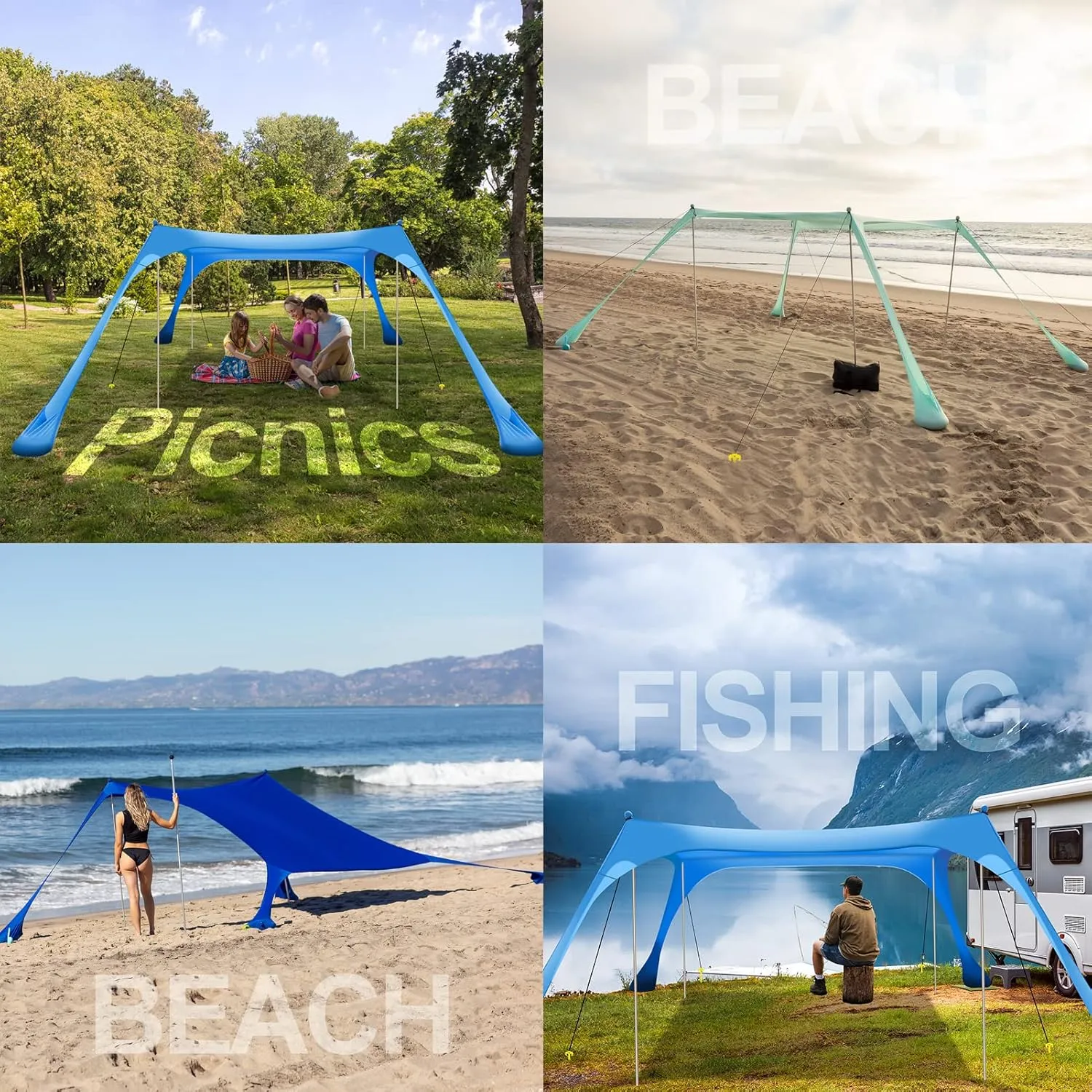 Buheco Beach Tent Pop Up Shade 7x7.5ft Beach Canopy Sun Shelter UPF50  with 4 Foldable Poles Portable Carrying Bag Sand Shovel Ground Pegs Windproof Ropes for Outdoor Family Camping Fishing Picnic