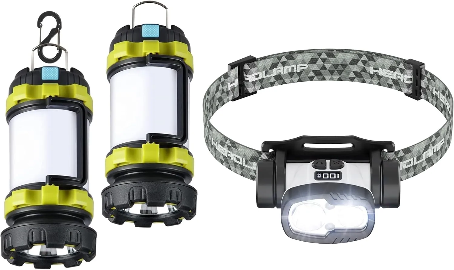 Bundle: 2 Pack Camping Lantern Flashlights (1000LM, 6 Modes) & 1 Pack Rechargeable LED Headlamp (1500LM, 9 Modes) - Super Bright, Waterproof, Portable Emergency Lights for Hurricane, Hiking, Survival